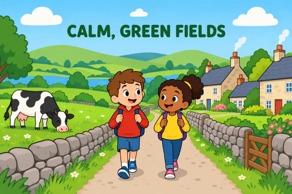Cartoon children follow a winding lane past grazing cows and cottages, showing bucolic in a sentence as a calm, green countryside scene.