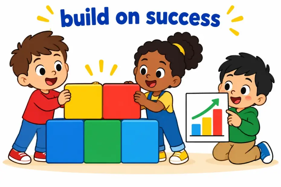Cartoon children stack a second row of blocks on a firm base, illustrating build on in a sentence as developing from a foundation.