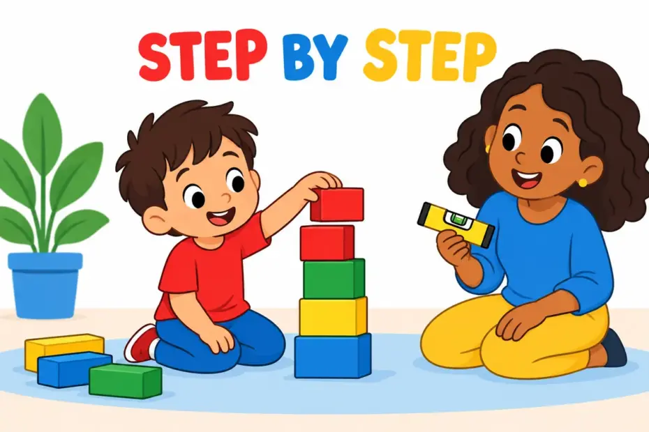 Cartoon child adds one brick at a time to a steadily growing tower, illustrating build up in a sentence as gradual increase.