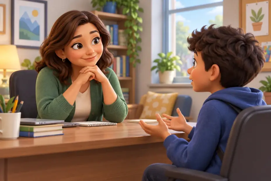 A teacher listens calmly as a student describes a problem in a school office.
