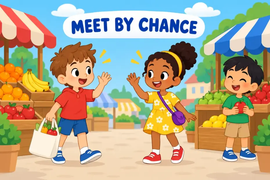 Cartoon friends wave as they meet unexpectedly at a market, showing bump into in a sentence as meeting by chance.