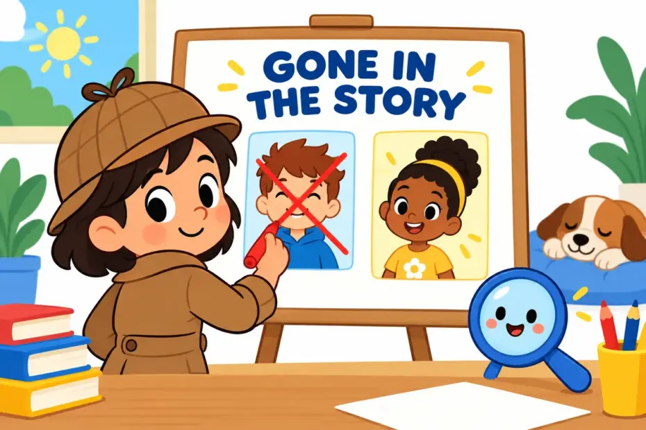 A cartoon child detective crosses out a character on a storyboard, illustrating bump off in a sentence as a storybook killing.