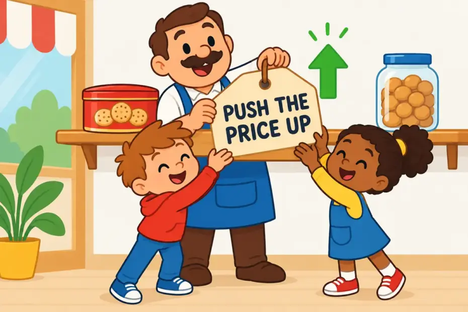 Cartoon children lift a price tag on a shop shelf, showing bump up in a sentence as raising a price.