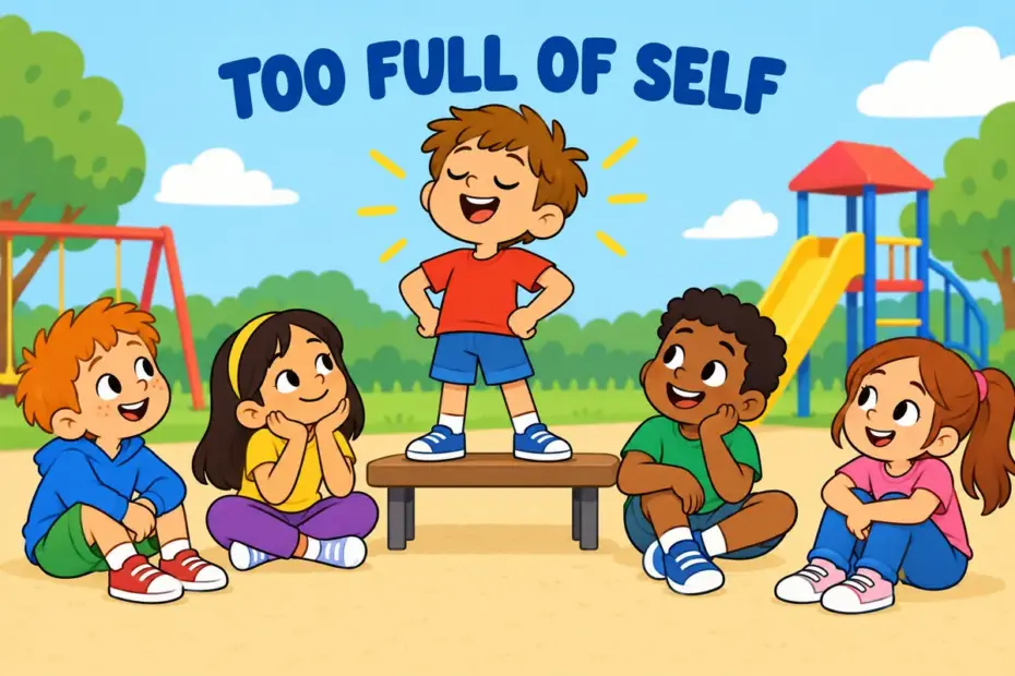 Cartoon child boasting on a bench, showing bumptious in a sentence as pushy self-confidence.