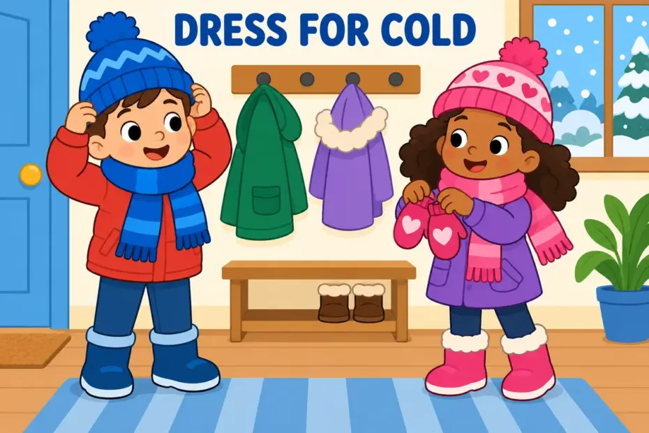 Cartoon children pull on hats and scarves, showing bundle up in a sentence as dressing for cold weather.