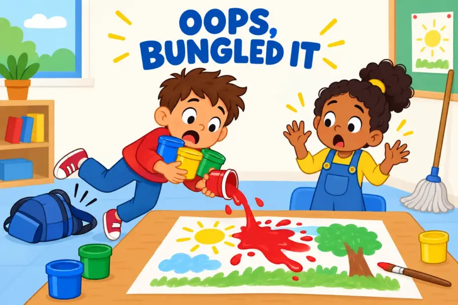 A cartoon child drops a stack of paint pots while helping, showing bungle in a sentence as a task spoiled by clumsiness.