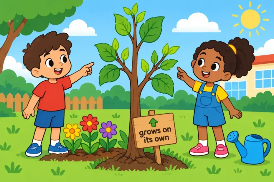 Cartoon pupils watch a young tree and a garden bed burgeon in a sentence as both grow taller without help.