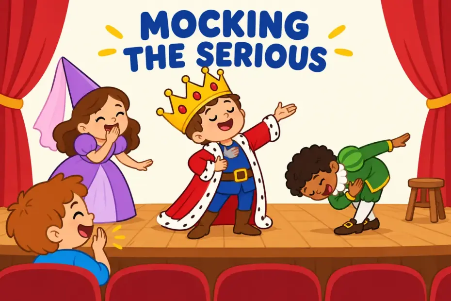 Cartoon children perform an exaggerated comic version of a serious play, showing burlesque in a sentence as mocking imitation.