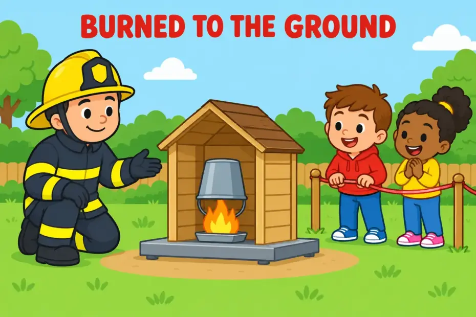 A friendly firefighter watches a small model house during a safety drill, showing burn down in a sentence as a building lost to fire.
