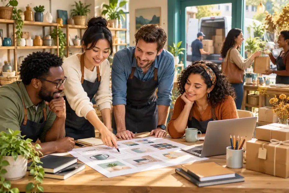 A small-business team collaborates on a plan in a welcoming neighborhood shop.