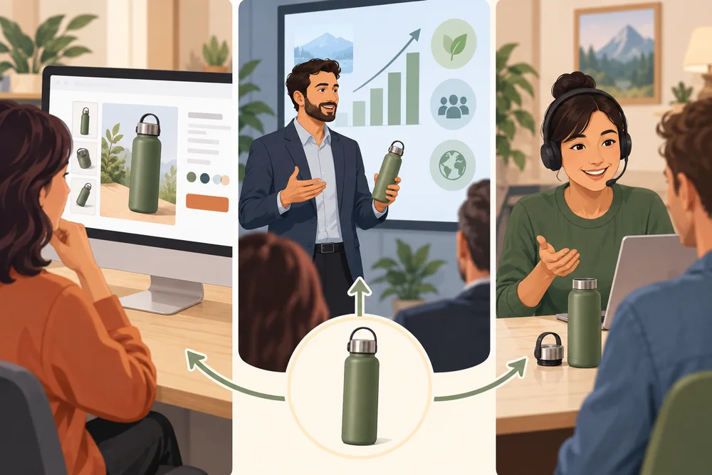 The same small-business product shown in a listing, investor presentation, and customer-support exchange