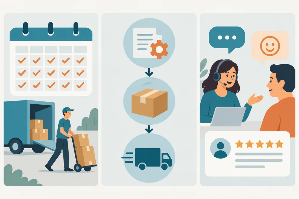 Three visual examples of reliable delivery, an efficient workflow, and helpful customer support