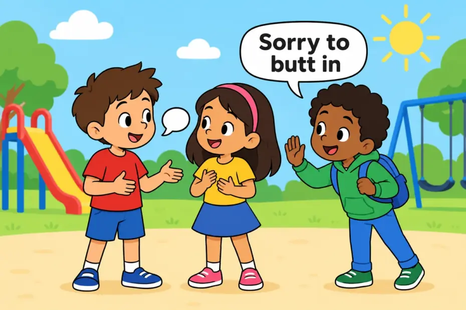 Two cartoon children talk while a third politely butts in, showing butt in as an interruption in a sentence.