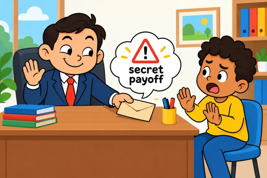 A cartoon official waves away a complaint while a hand slips a plain envelope across a desk, teaching buy off in a sentence.