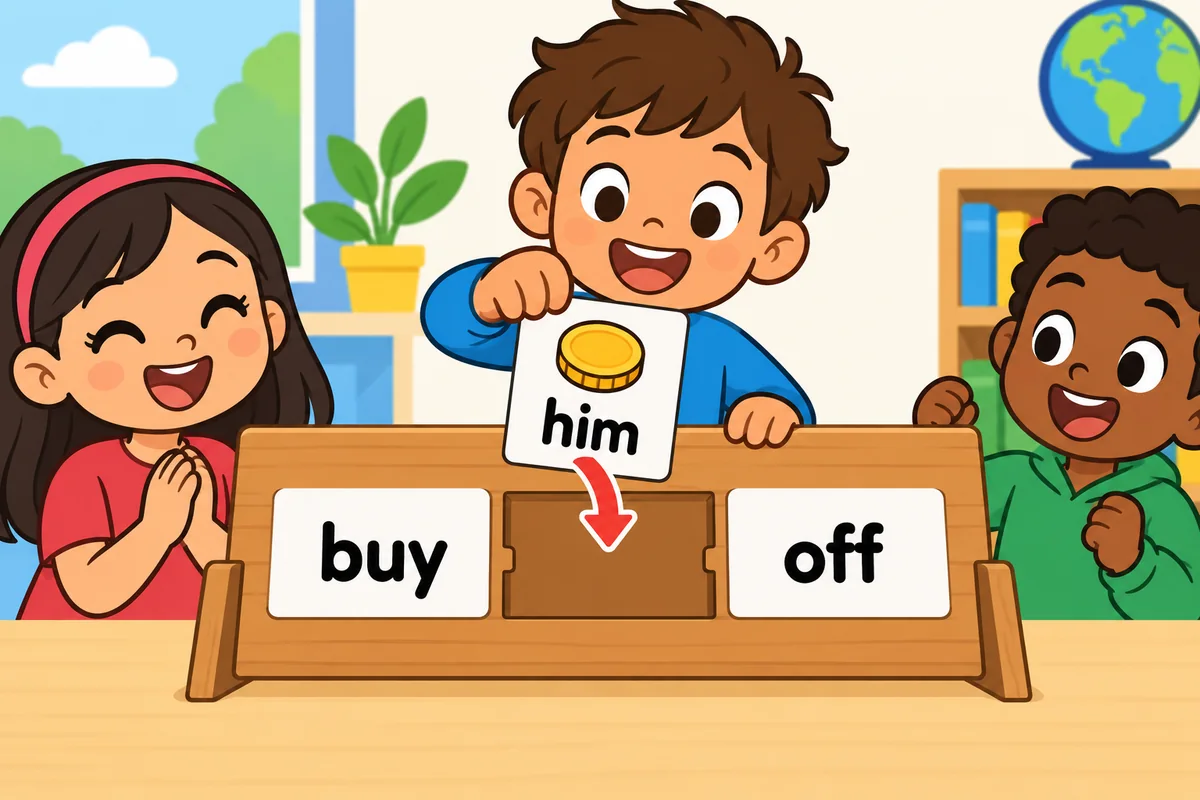 A child moves a coin picture card between two blank blocks, showing the placement in buy off.