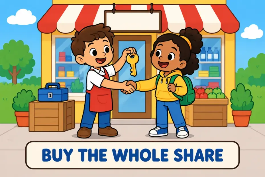 A cartoon buyer receives a shop key from an owner, showing buy out in a sentence as taking over a whole stake.