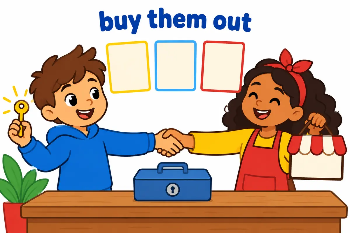 A cartoon shopkeeper hands keys to a buyer while word cards show the pronoun between buy and out.