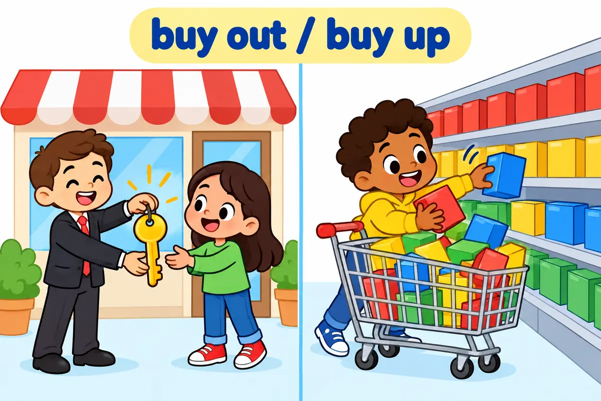 A cartoon shop scene contrasts a buyer taking one whole shop with a shopper clearing many items from a shelf.