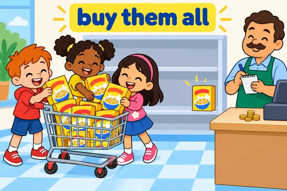 Cartoon shoppers clearing a shelf of boxes show buy up in a sentence as taking nearly the whole supply.
