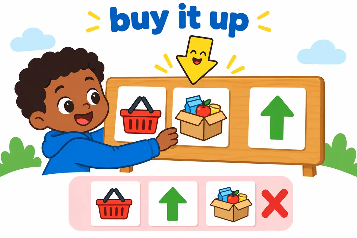 Cartoon cards show a set of items slotting between buy and up, with the crossed-out order shown beneath.