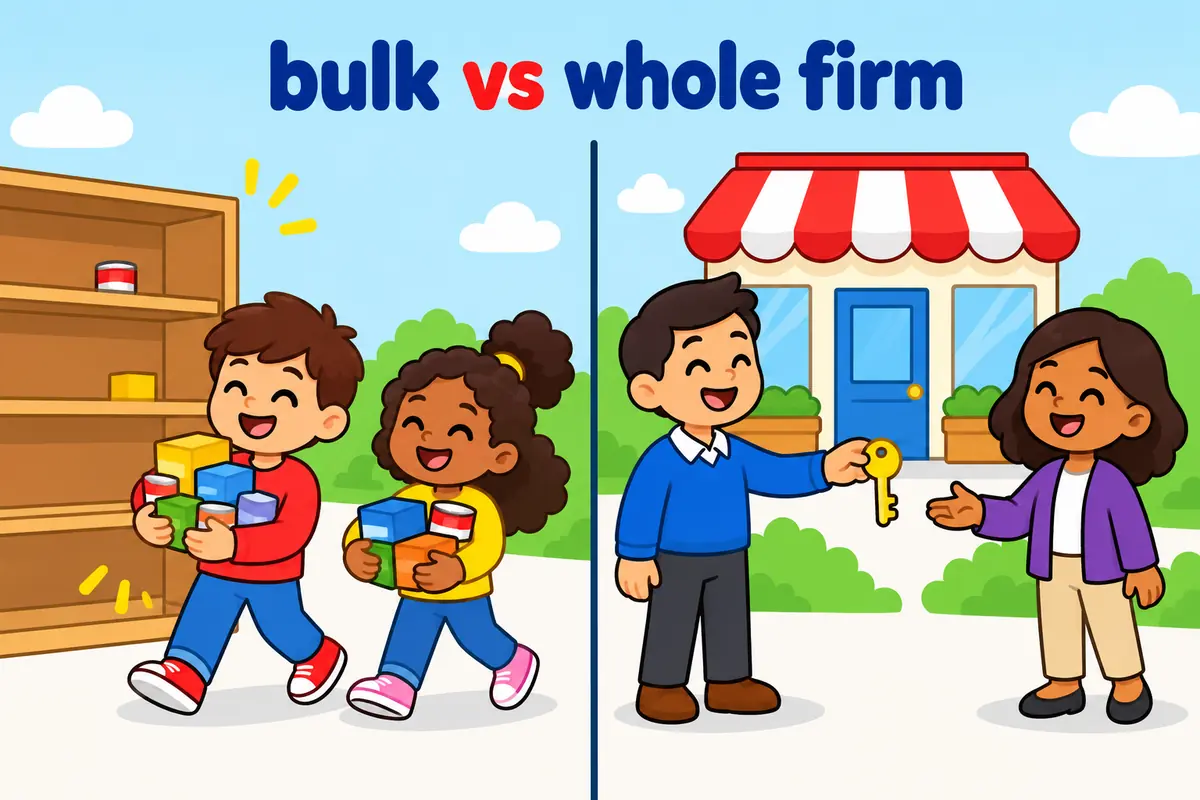 A cartoon split scene contrasts sacks of goods being cleared from a shelf with a single shop changing hands.