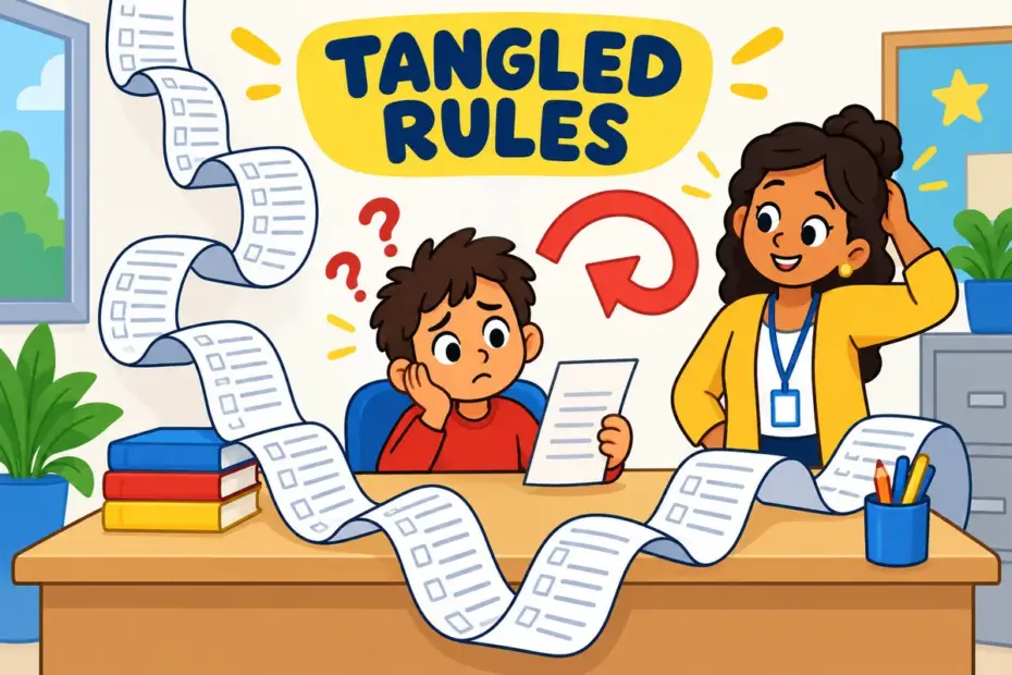 A cartoon child stares at a maze of forms on a desk, showing byzantine in a sentence as a needlessly complicated process.