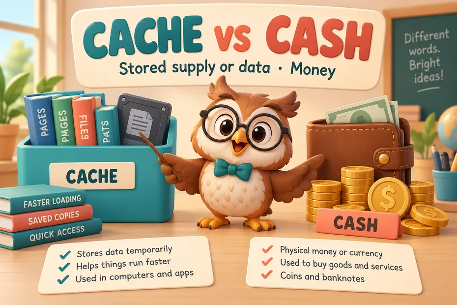 Cache means a stored supply or data; cash means money