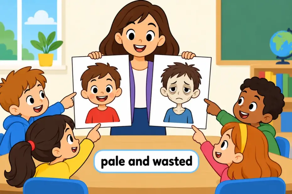 Cartoon pupils compare a rosy card and a pale, thin card, showing cadaverous in a sentence as a corpse-like look.