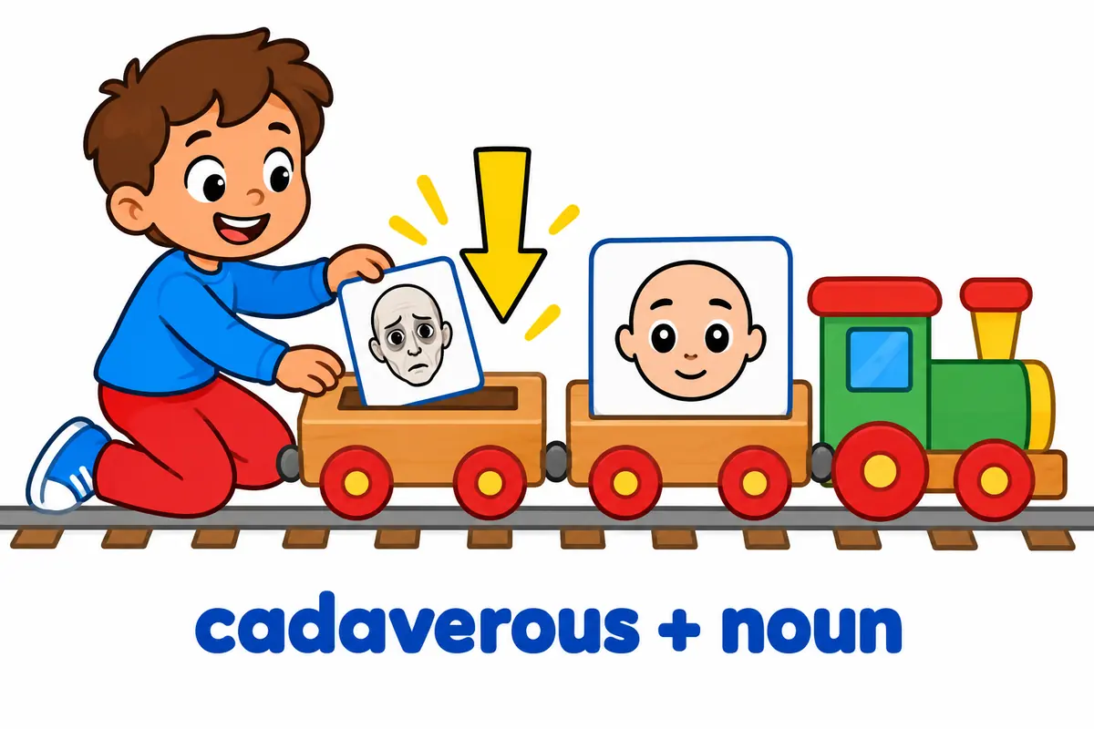 A cartoon pupil slots a pale-face card directly in front of a noun card labelled face, showing the cadaverous plus noun pattern.