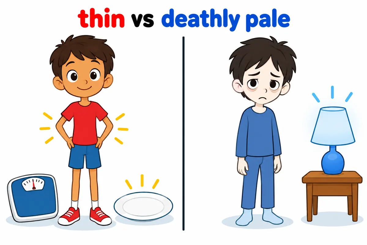 A cartoon split scene contrasts a very thin child with a pale, hollow-cheeked child to separate cadaverous from emaciated.