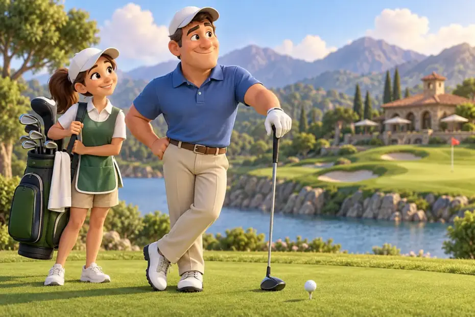 A golfer stands beside an assistant carrying a bag of clubs.
