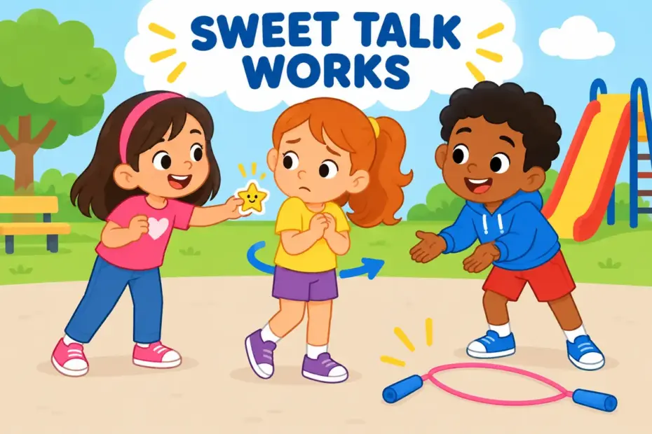 Cartoon pupils gently persuade a hesitant friend to join a game, showing cajole in a sentence as charm beating reluctance.