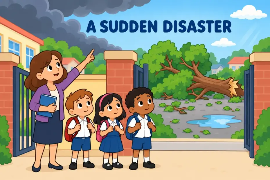 Cartoon children look at a fallen tree blocking their school gate after a storm, showing calamity as a sudden event causing real harm.