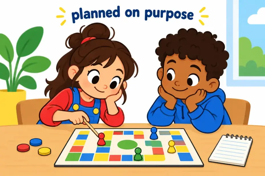 A cartoon child studies a board game and moves a piece with care, showing calculated in a sentence as a deliberate, planned choice.