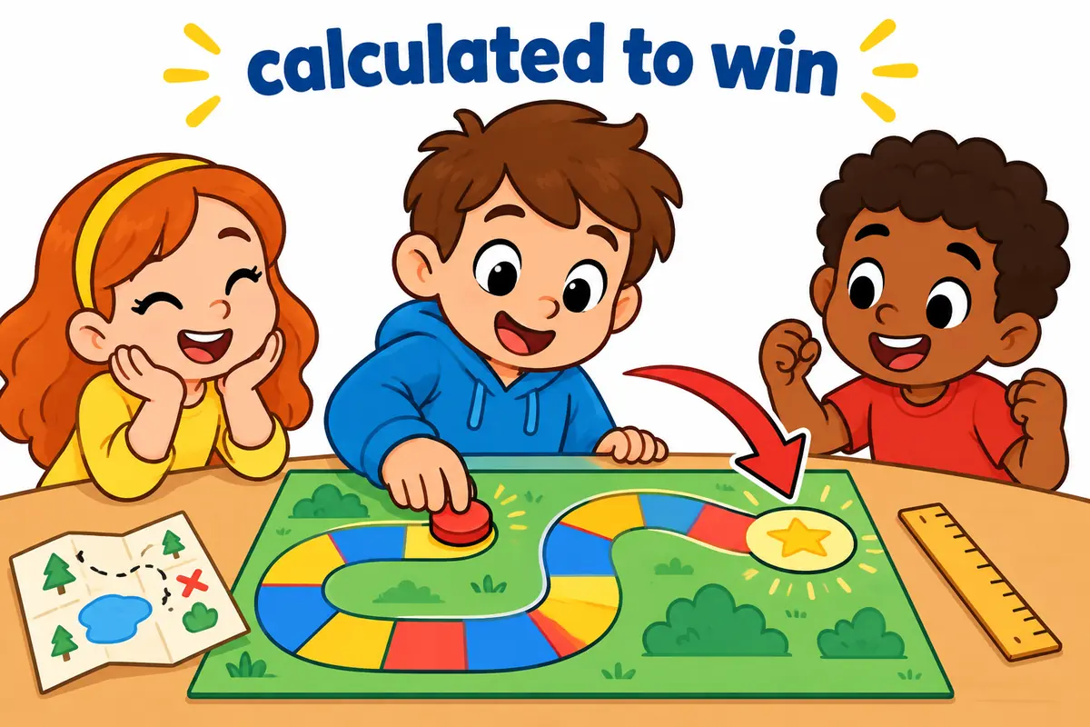 A cartoon child moves a game piece along a board with a small map and ruler beside it, illustrating the pattern calculated to win.