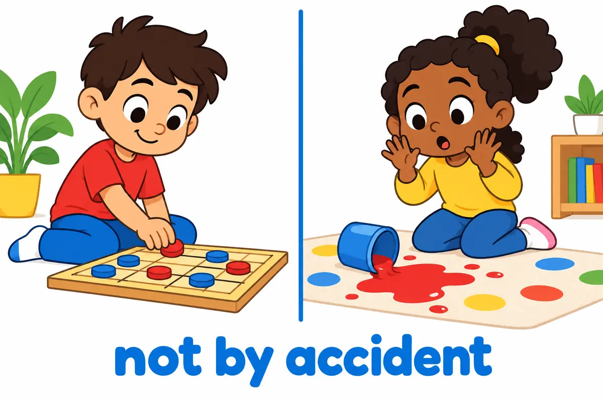 A cartoon split scene shows a child planning a board move on one side and a spilled paint pot on the other.