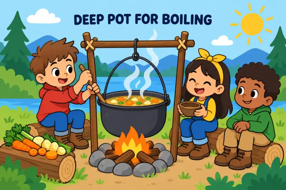 Cartoon children boil soup in a big iron caldron over a pretend fire, showing caldron in a sentence as a deep cooking pot.