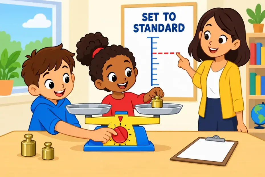 Cartoon pupils line a classroom balance up with a marked brass weight, showing calibrate in a sentence as setting a device to a standard.