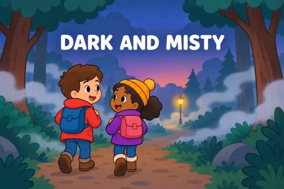 Cartoon children walk a forest path in thick mist, illustrating caliginous in a sentence as dark and misty conditions.