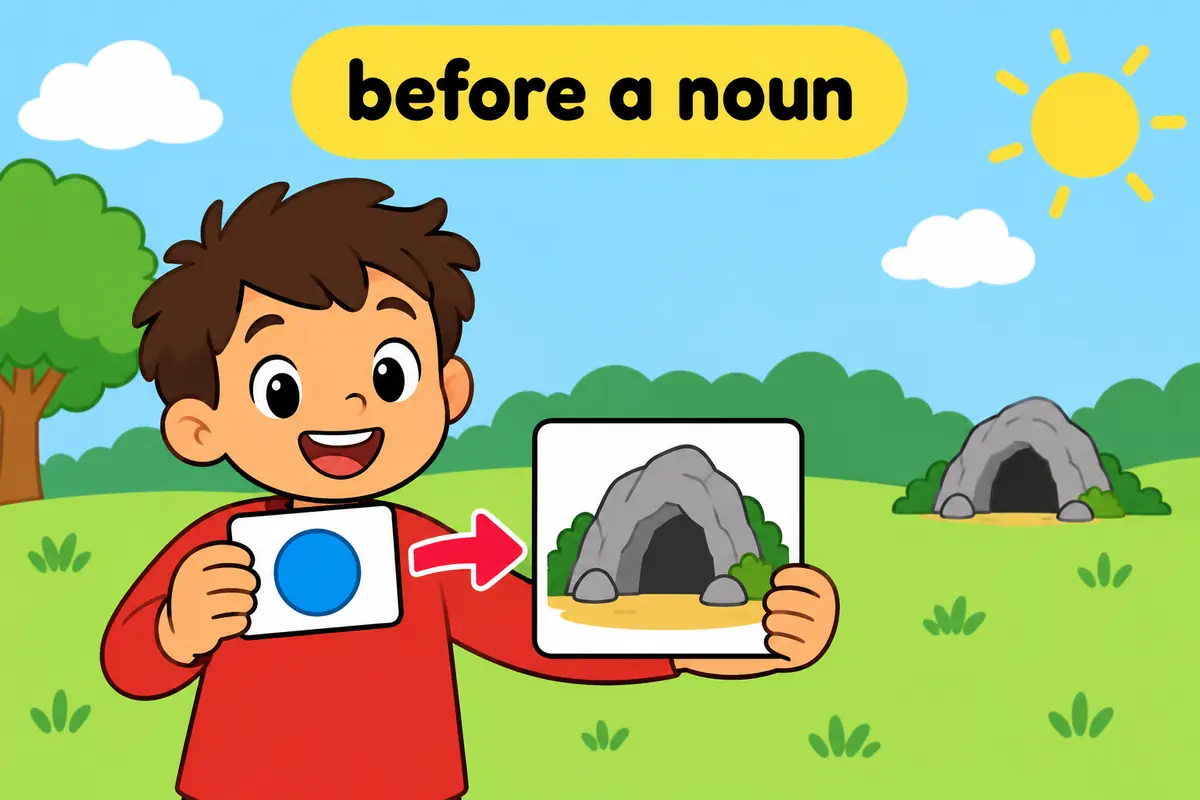 A cartoon boy slots a word card before a cave picture, showing the caliginous adjective sitting before a noun.