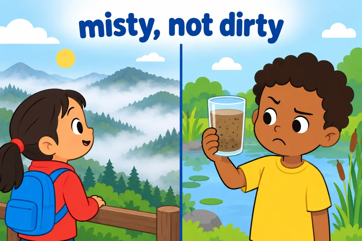 A cartoon split scene shows a misty hillside on one side and a glass of cloudy pond water on the other, contrasting caliginous with murky.