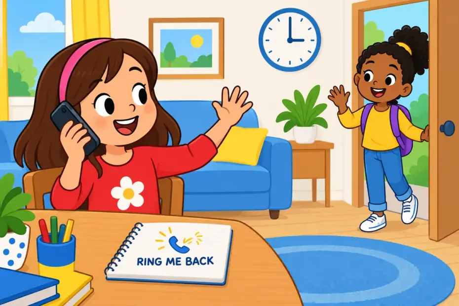 A cartoon child holds a ringing phone and waves to a friend, showing call back in a sentence as returning a call.