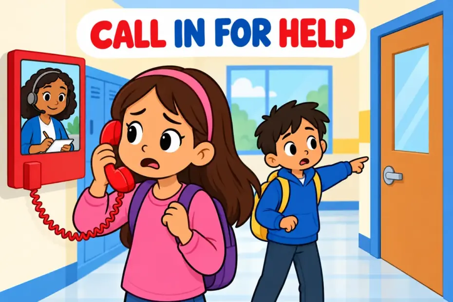 Cartoon pupils phone the school office to report a sick classmate, showing call in in a sentence.