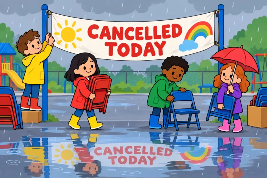 Cartoon children lower a banner and pack away chairs under a rainy sky, showing call off in a sentence as cancelling a planned event.