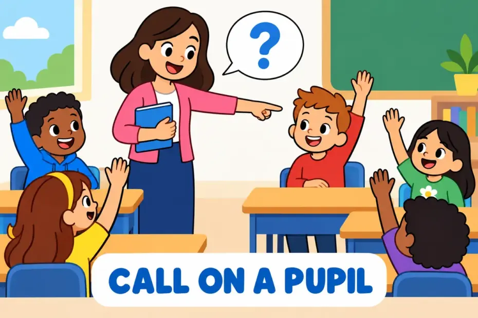 Cartoon pupils raise hands as the teacher calls on one of them, showing call on in a sentence.