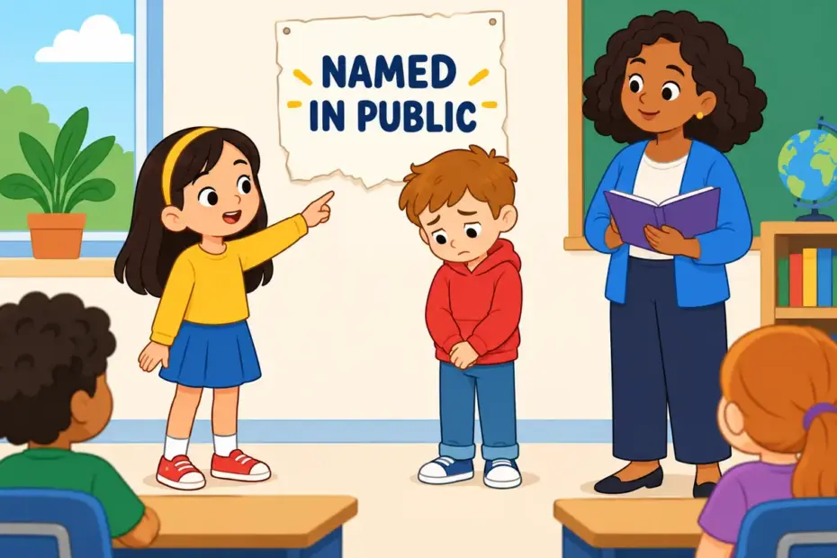 A cartoon pupil raises a hand to call out a classmate for breaking a rule, showing call out in a sentence as public criticism.