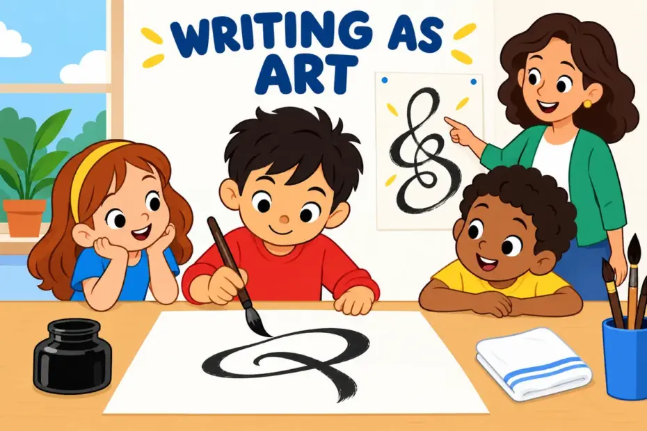 Cartoon children watch a brush glide across thick paper at an art table, showing calligraphy in a sentence as decorative handwriting.