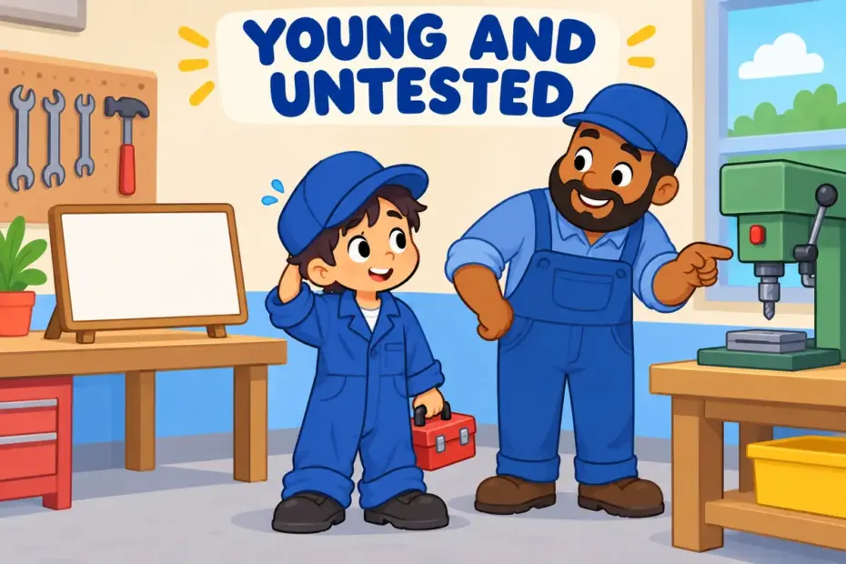 Cartoon newcomer in an oversized uniform stands blinking in a busy workshop, showing callow in a sentence as young and untested.