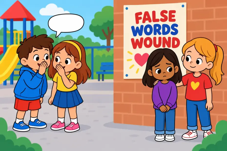 Cartoon children whisper a made-up story while a sad classmate stands beside a poster, showing calumny in a sentence as a false accusation.