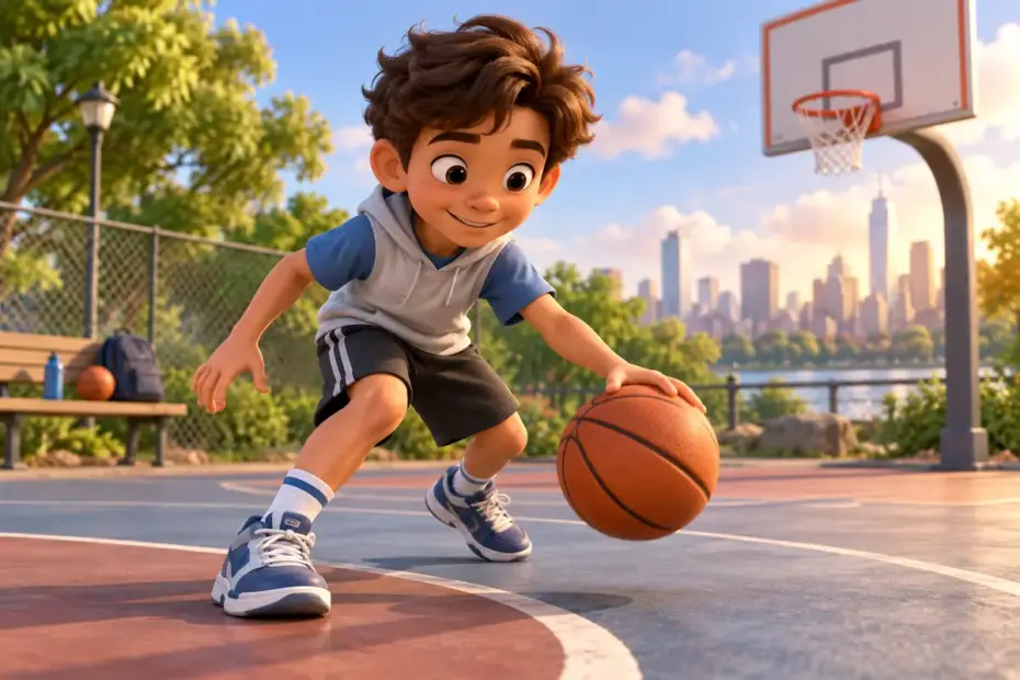 A child practices dribbling on an outdoor basketball court.
